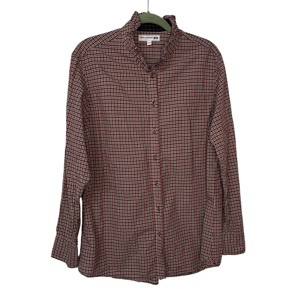 Uniqlo x Ines‎ de la Fressange Plaid Long Sleeve Shirt Womens XL Ruffle Collar